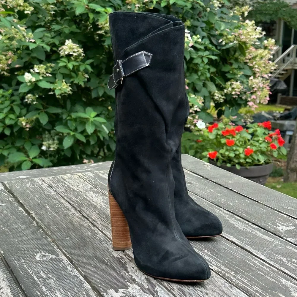 Boutique 9 Galen Black Suede Leather Tall Boots Size 6 Adjustable Calf
